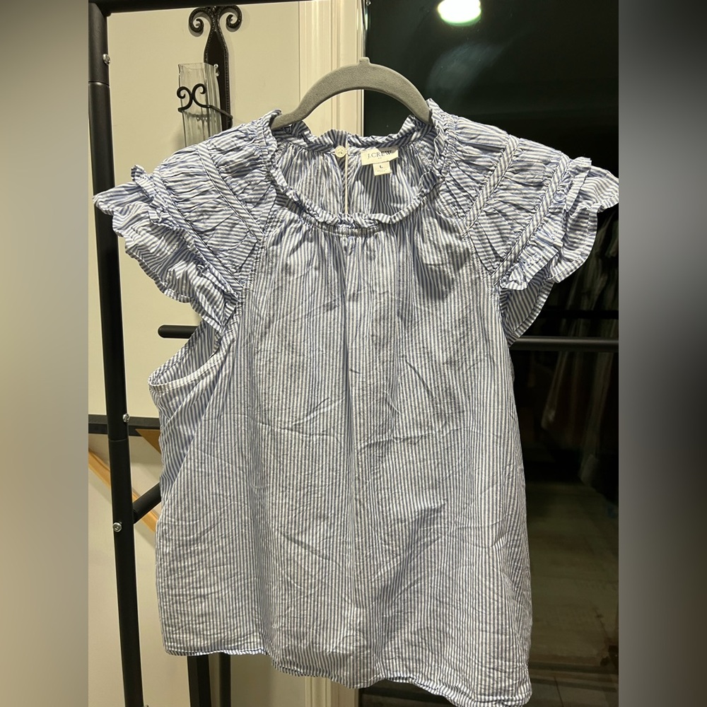 J. Crew Classic Blue and White Striped Ruffle Blouse